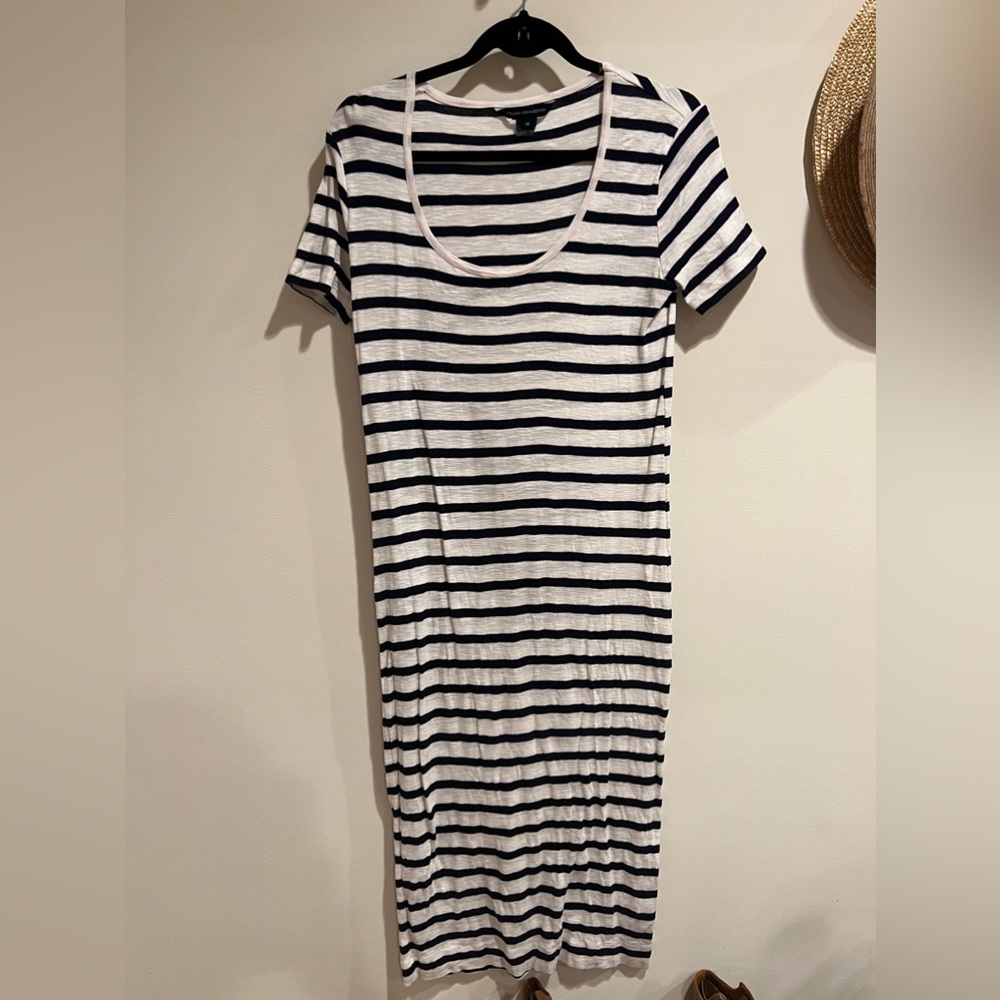 French connection navy and white striped mid length shirt dress, M